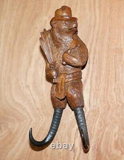 1880 Very Rare Medium Swiss Black Forest Bear With Hat Whip Hook Hand Carved