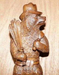 1880 Very Rare Medium Swiss Black Forest Bear With Hat Whip Hook Hand Carved