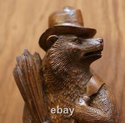 1880 Very Rare Medium Swiss Black Forest Bear With Hat Whip Hook Hand Carved