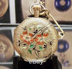 1910 Antique Vintage Enamelled Case Solid 18k Gold Watch & 15k Brooch Rare Dial