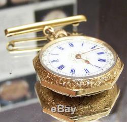 1910 Antique Vintage Enamelled Case Solid 18k Gold Watch & 15k Brooch Rare Dial