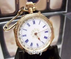 1910 Antique Vintage Enamelled Case Solid 18k Gold Watch & 15k Brooch Rare Dial