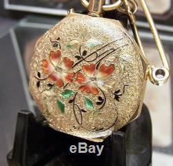 1910 Antique Vintage Enamelled Case Solid 18k Gold Watch & 15k Brooch Rare Dial