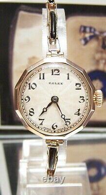 1924 Antique Vintage Swiss Rolex Solid Gold Watch & Rare Band Serviced + Box