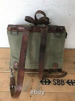 1940 RARE Swiss Army Military Backpack Rucksack Leather Canvas Vintage