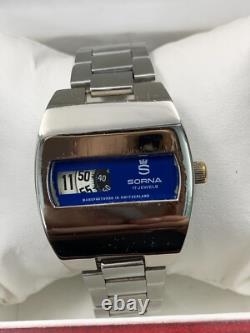 1970's Vintage Sorna Disk Watch Blue Space Age Digital Jump Hour Swiss 38mm Rare