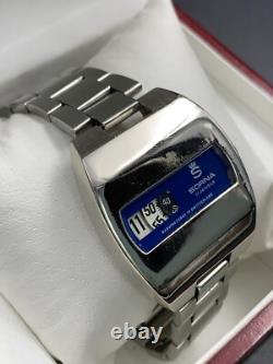 1970's Vintage Sorna Disk Watch Blue Space Age Digital Jump Hour Swiss 38mm Rare
