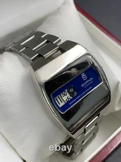 1970's Vintage Sorna Disk Watch Blue Space Age Digital Jump Hour Swiss 38mm Rare