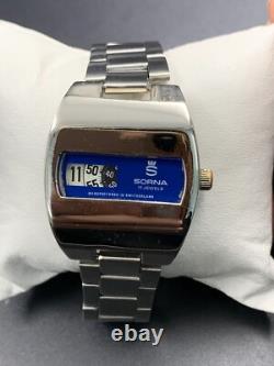 1970's Vintage Sorna Disk Watch Blue Space Age Digital Jump Hour Swiss 38mm Rare