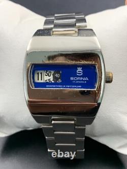 1970's Vintage Sorna Disk Watch Blue Space Age Digital Jump Hour Swiss 38mm Rare