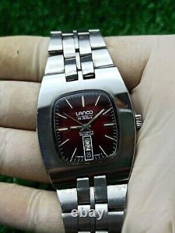 Iconic 1960s LANCO Automatic 25 Jewels Red TV Watch Vintage Authentic Swiss Rare