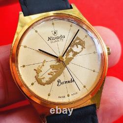 Nevada Bermuda Vintage Watch Rare Dial Black Leather Mens Swiss