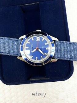 Nos Sandoz Automatic Blue Dial Rare Mens Watch Swiss Date Rotate Bezel Diver