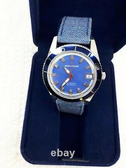 Nos Sandoz Automatic Blue Dial Rare Mens Watch Swiss Date Rotate Bezel Diver