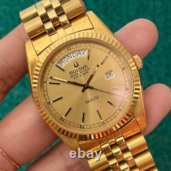 RARE Bulova Super Seville Day & Date Quartz Gold Vintage Man Watch Swiss Made