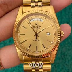 RARE Bulova Super Seville Day & Date Quartz Gold Vintage Man Watch Swiss Made