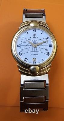 RARE! Cyma Date Two Tone Quartz Swiss Made Vintage Men Watch, New Battery