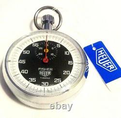 RARE NEW VINTAGE FISHER HEUER STOPWATCH 1970's 7 Jewels Swiss Box Manual & Tags