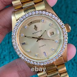 RARE SANDOZ President Diamond Quartz Watch Gold Day Date Men Vintage Swiss Made