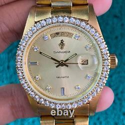 RARE SANDOZ President Diamond Quartz Watch Gold Day Date Men Vintage Swiss Made
