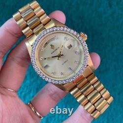 RARE SANDOZ President Diamond Quartz Watch Gold Day Date Men Vintage Swiss Made