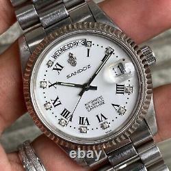 RARE Sandoz President Day Date Automatic White Roman Diamond Vintage Swiss Watch