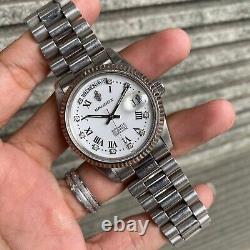 RARE Sandoz President Day Date Automatic White Roman Diamond Vintage Swiss Watch