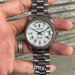 RARE Sandoz President Day Date Automatic White Roman Diamond Vintage Swiss Watch