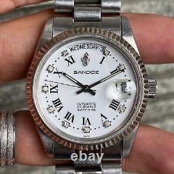 RARE Sandoz President Day Date Automatic White Roman Diamond Vintage Swiss Watch