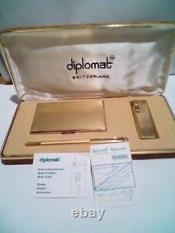 RARE! Vintage DIPLOMAT Present Set, Lighter+ Pen+ Card Holder, SWISS, NEW OLD