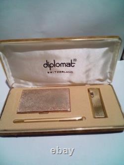 RARE! Vintage DIPLOMAT Present Set, Lighter+Pen+Card Holder, SWISS, NEW OLD