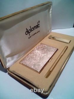 RARE! Vintage DIPLOMAT Present Set, Lighter+Pen+Card Holder, SWISS, NEW OLD