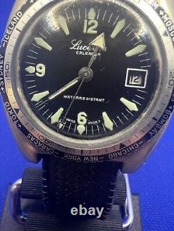 RARE Vintage Lucerne Calendar World Time Luminous Swiss Men's Diver Watch 39mm