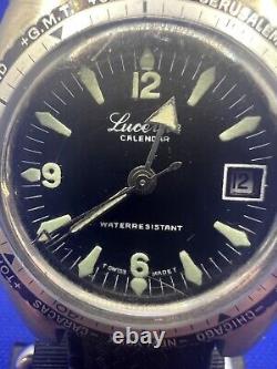 RARE Vintage Lucerne Calendar World Time Luminous Swiss Men's Diver Watch 39mm