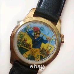 RARE Vintage Swiss Made Wind Up Football Player Diamond Tooled Die Cast Watch