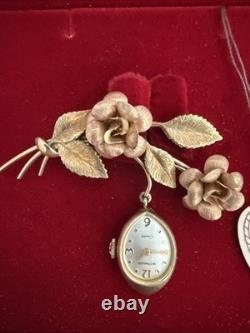 RARE Vintage Wittnauer Watch Swiss 10K Gold Filled Rose Flower Brooch With Box