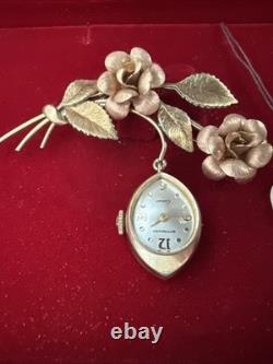 RARE Vintage Wittnauer Watch Swiss 10K Gold Filled Rose Flower Brooch With Box