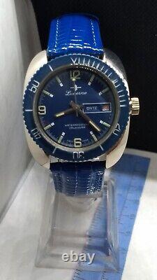 RARE vintage BLUE DIAL Lucerne Swiss Calendar Dive Watch. New Band Spectacular