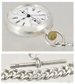 Rare Antique 1890's Swiss Chronograph Pocket Watch Solid Silver Chain Fob Set