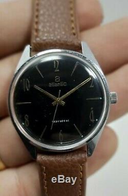 Rare Atlantic Worldmaster Hand Wind Wrist Watch Black Dial Mens Vintage Swiss