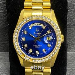 Rare BULOVA President Day Date Quartz Blue Dial Diamond Watch Men Vintage Swiss