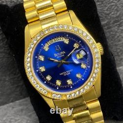 Rare BULOVA President Day Date Quartz Blue Dial Diamond Watch Men Vintage Swiss