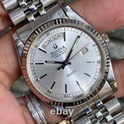 Rare Bulova President Super Seville Day Date Silver Quartz Vintage Swiss Watch