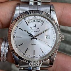 Rare Bulova President Super Seville Day Date Silver Quartz Vintage Swiss Watch