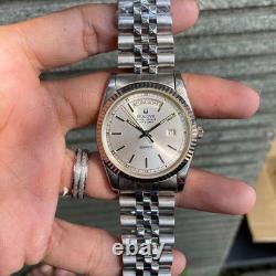 Rare Bulova President Super Seville Day Date Silver Quartz Vintage Swiss Watch