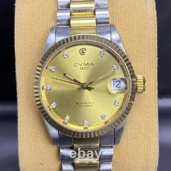 Rare Cyma 1882 Automatic Gold Dial Diamond TwoTone Date Swiss Vintage Watch Boys