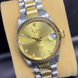 Rare Cyma 1882 Automatic Gold Dial Diamond TwoTone Date Swiss Vintage Watch Boys