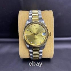 Rare Cyma 1882 Automatic Gold Dial Diamond TwoTone Date Swiss Vintage Watch Boys