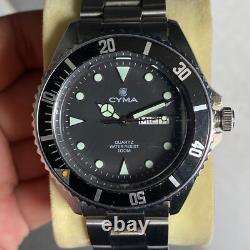 Rare Cyma Diver 8061544 Black Dial Quartz Swiss Made Vintage Men Watch Sport