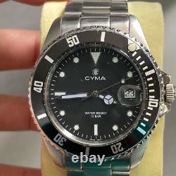 Rare Cyma Diver Quartz 8061544 Black Dial Day Date Swiss Made Vintage Men Watch